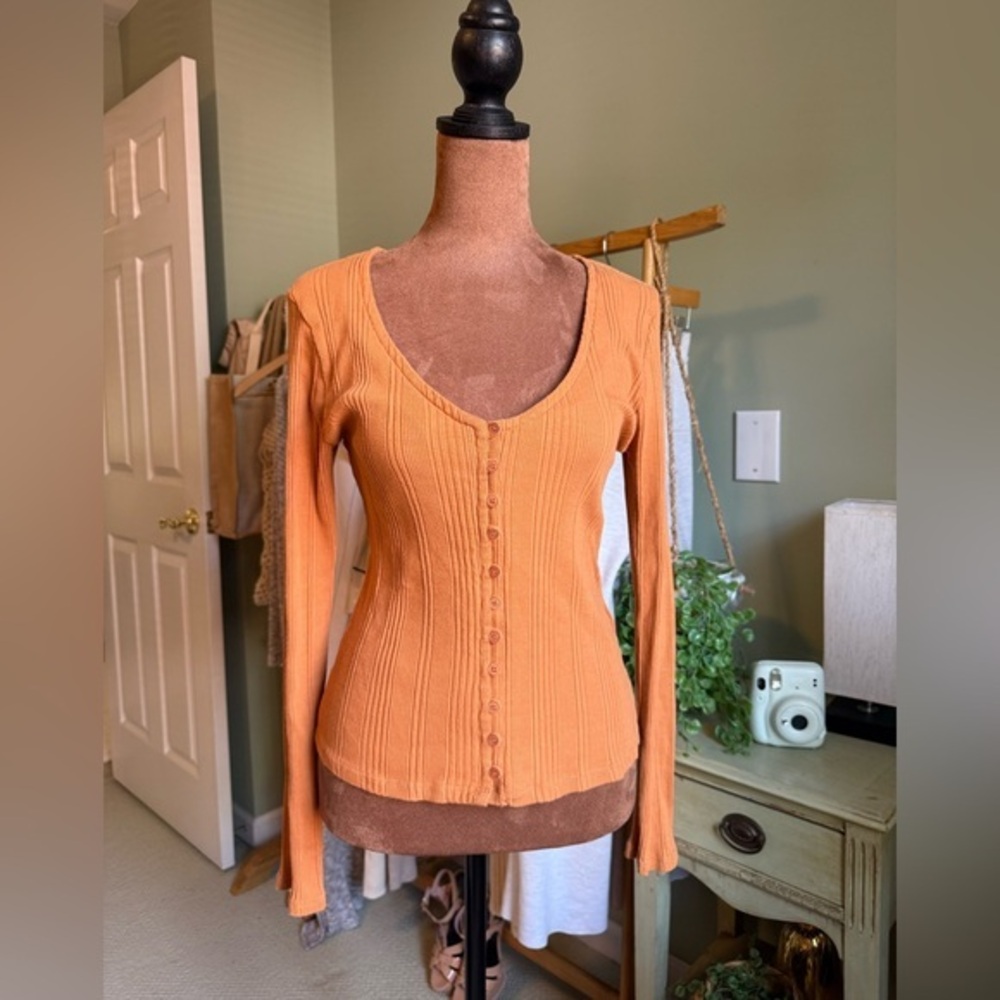 Anthropologie Orange Long Sleeve Buttoned Blouse